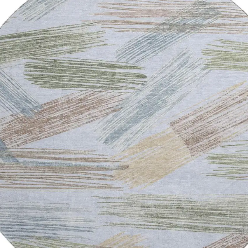 8' Sky Blue Gold And Taupe Striped Washable Round Rug With UV Protection Photo 2