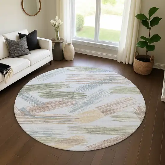 8' Sky Blue Gold And Taupe Striped Washable Round Rug With UV Protection Photo 4