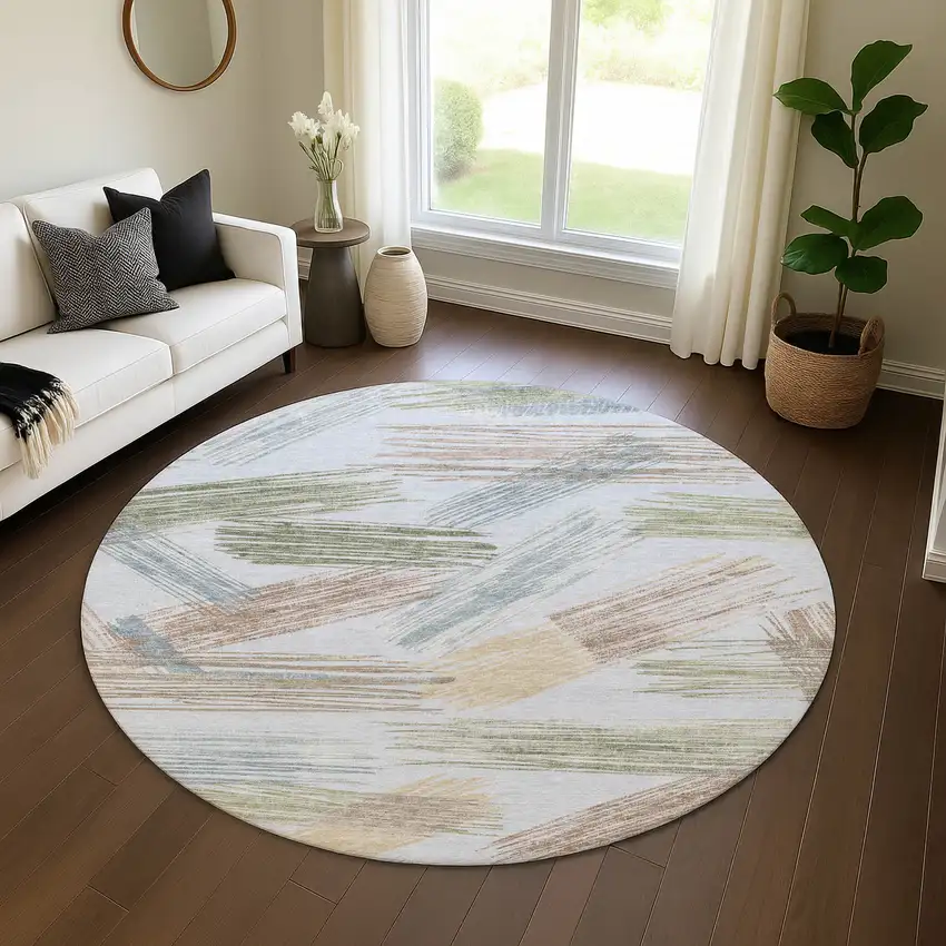 8' Sky Blue Gold And Taupe Striped Washable Round Rug With UV Protection Photo 4