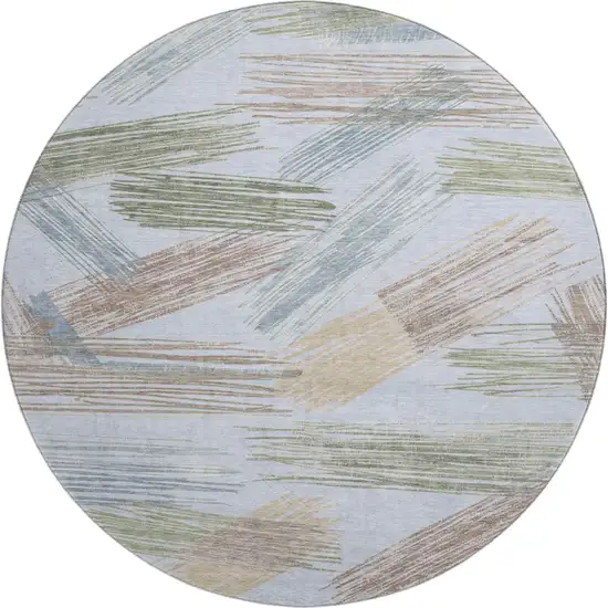 8' Sky Blue Gold And Taupe Striped Washable Round Rug With UV Protection Photo 1
