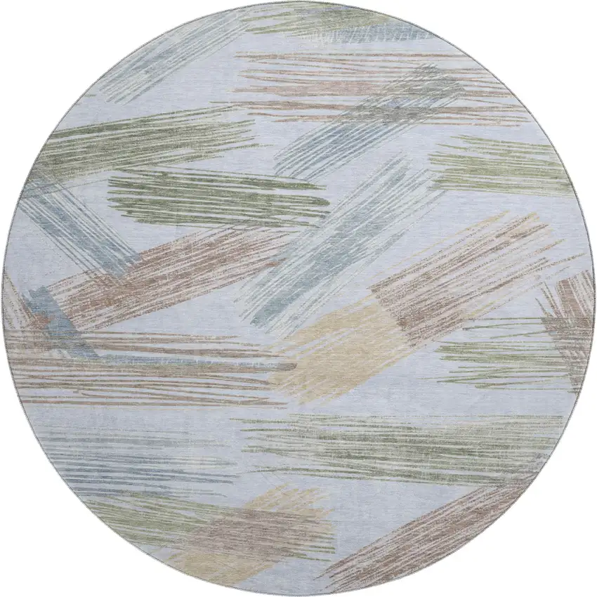 8' Sky Blue Gold And Taupe Striped Washable Round Rug With UV Protection Photo 1