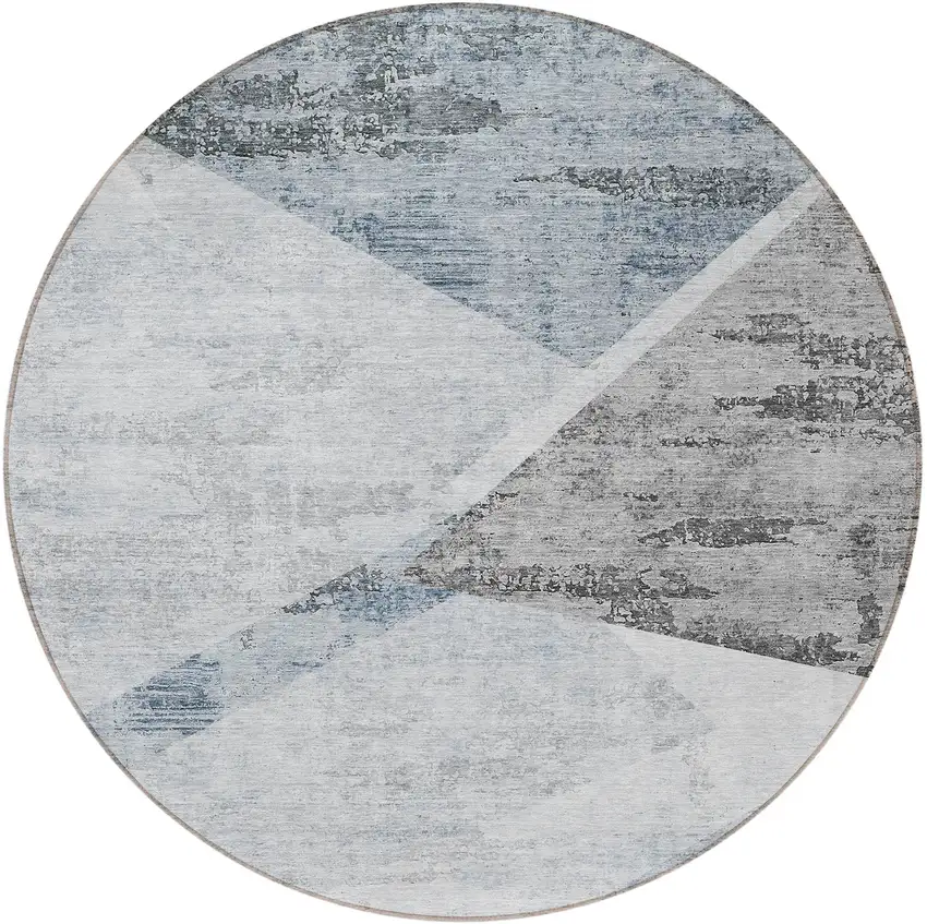 8' Sky Blue Gray And Charcoal Round Abstract Washable Indoor Outdoor Area Rug Photo 5