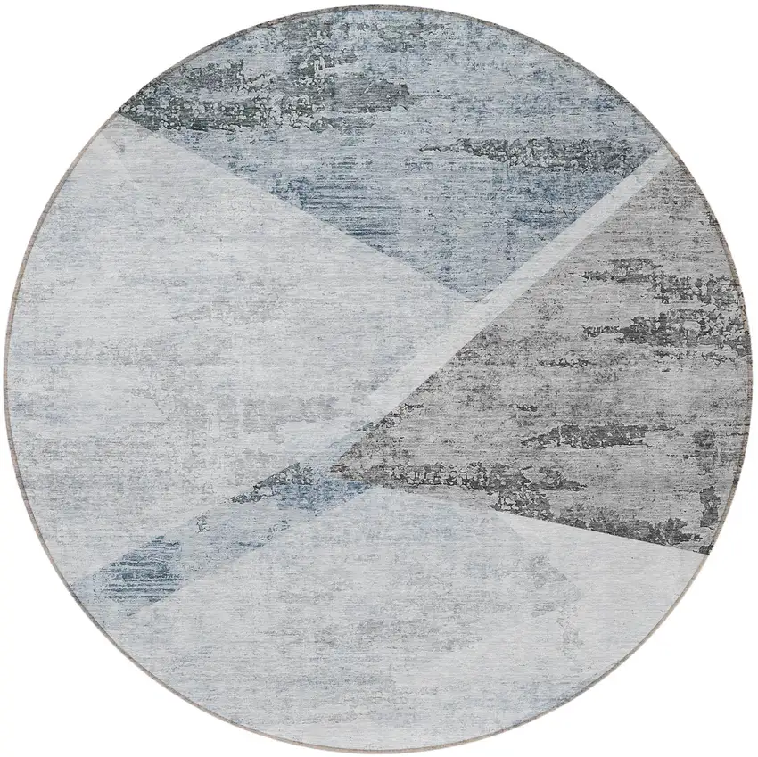 8' Sky Blue Gray And Charcoal Round Abstract Washable Indoor Outdoor Area Rug Photo 5