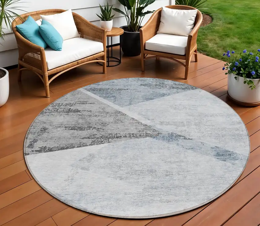 8' Sky Blue Gray And Charcoal Round Abstract Washable Indoor Outdoor Area Rug Photo 1