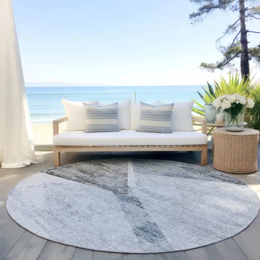 8' Sky Blue Gray And Charcoal Round Abstract Washable Indoor Outdoor Area Rug Photo 6