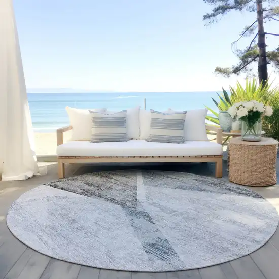 8' Sky Blue Gray And Charcoal Round Abstract Washable Indoor Outdoor Area Rug Photo 6