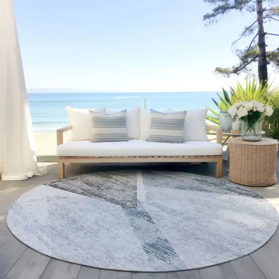 8' Sky Blue Gray And Charcoal Round Abstract Washable Indoor Outdoor Area Rug Photo 6