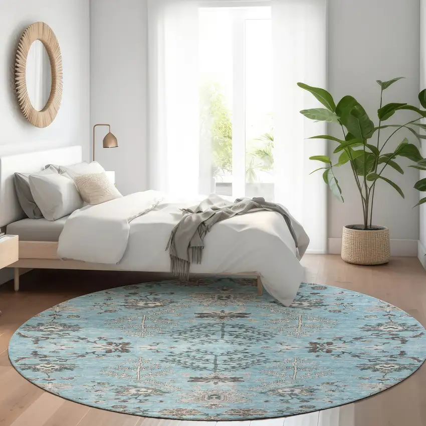8' Sky Blue Gray And Charcoal Round Floral Washable Indoor Outdoor Area Rug Photo 8