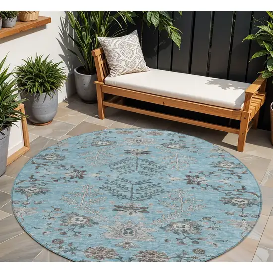 8' Sky Blue Gray And Charcoal Round Floral Washable Indoor Outdoor Area Rug Photo 1