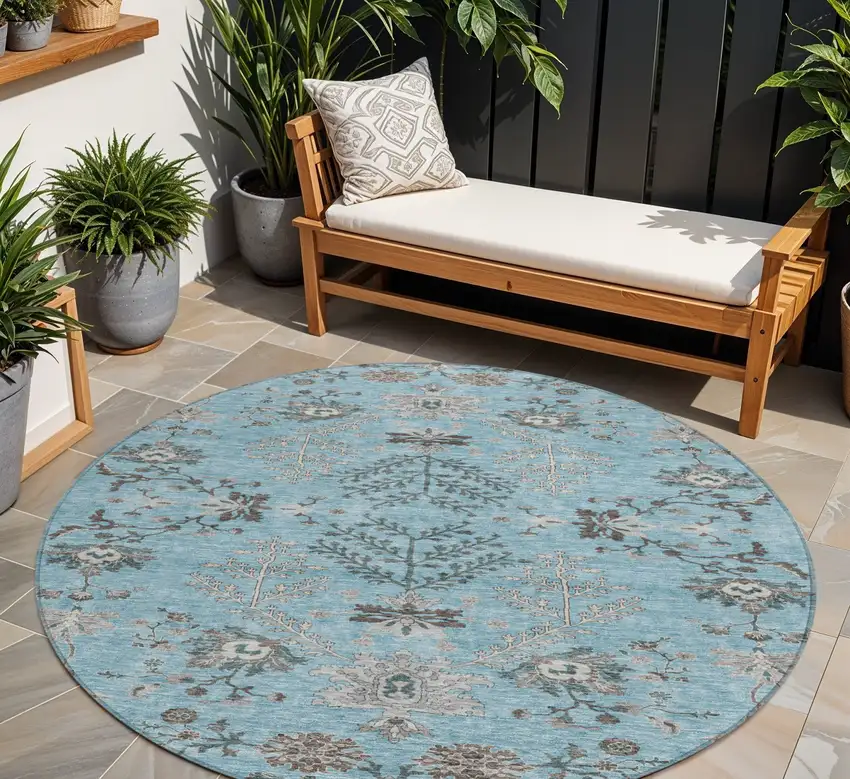 8' Sky Blue Gray And Charcoal Round Floral Washable Indoor Outdoor Area Rug Photo 1