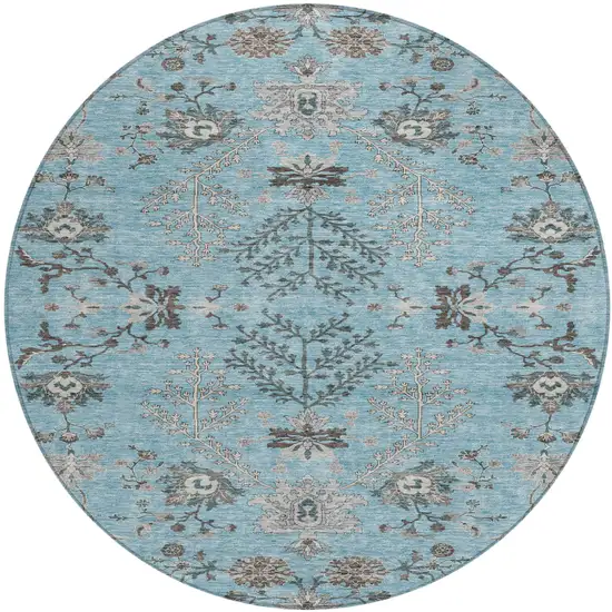 8' Sky Blue Gray And Charcoal Round Floral Washable Indoor Outdoor Area Rug Photo 2