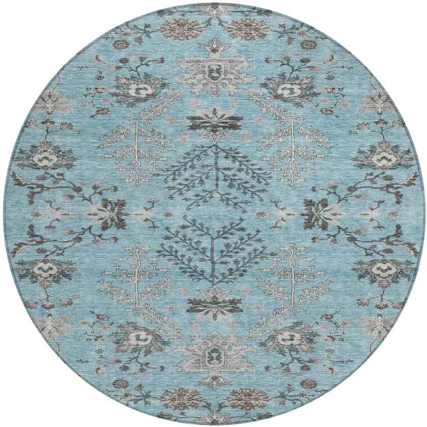 8' Sky Blue Gray And Charcoal Round Floral Washable Indoor Outdoor Area Rug Photo 2