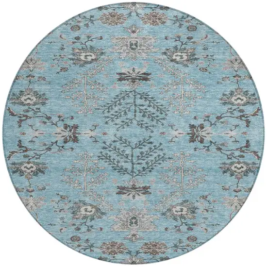8' Sky Blue Gray And Charcoal Round Floral Washable Indoor Outdoor Area Rug Photo 5