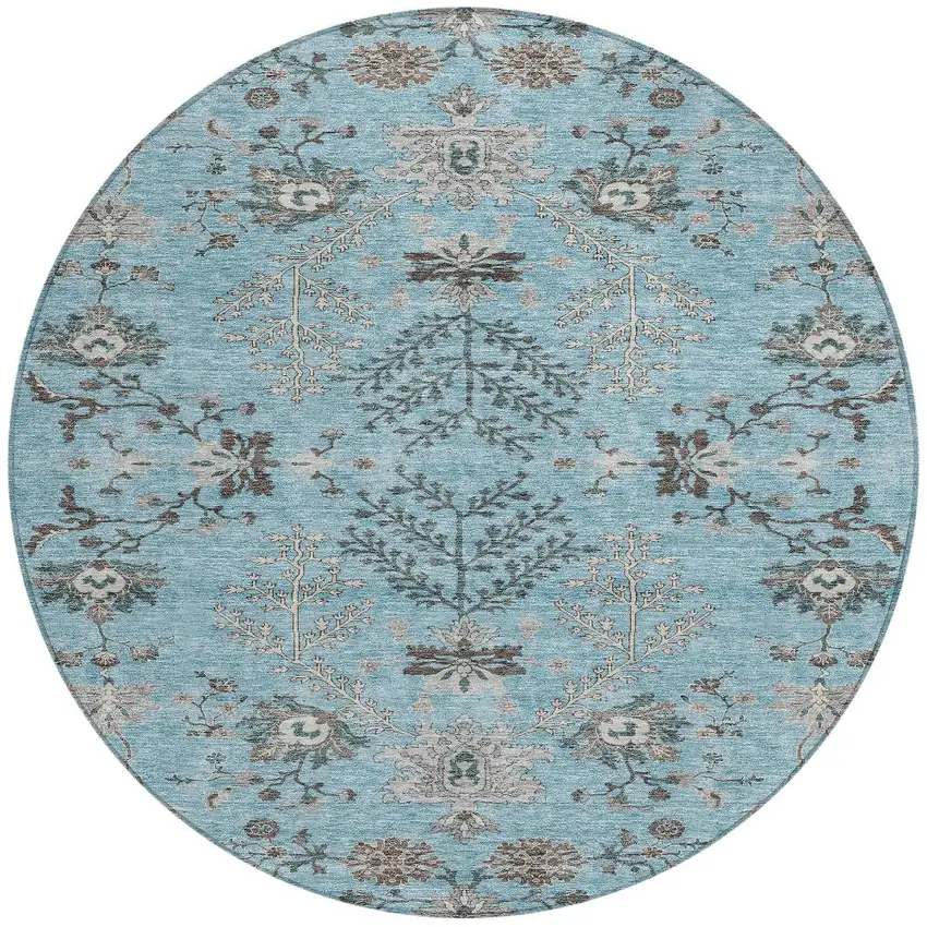 8' Sky Blue Gray And Charcoal Round Floral Washable Indoor Outdoor Area Rug Photo 5