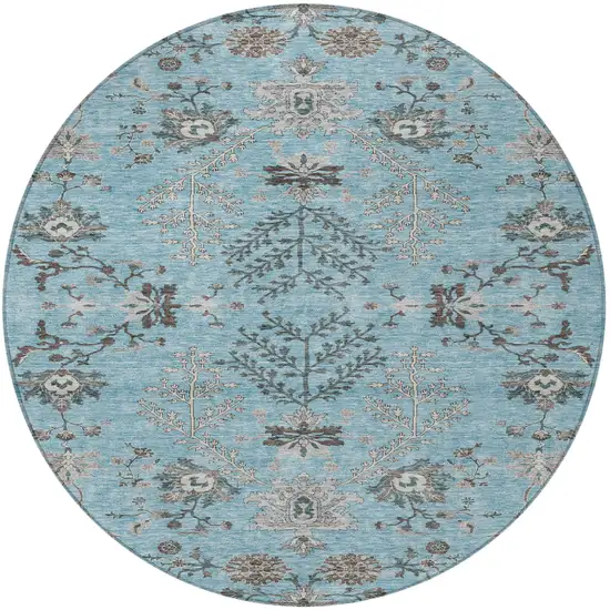 8' Sky Blue Gray And Charcoal Round Floral Washable Indoor Outdoor Area Rug Photo 6