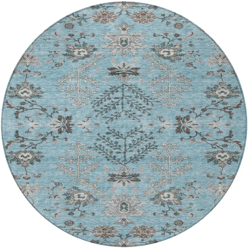 8' Sky Blue Gray And Charcoal Round Floral Washable Indoor Outdoor Area Rug Photo 6