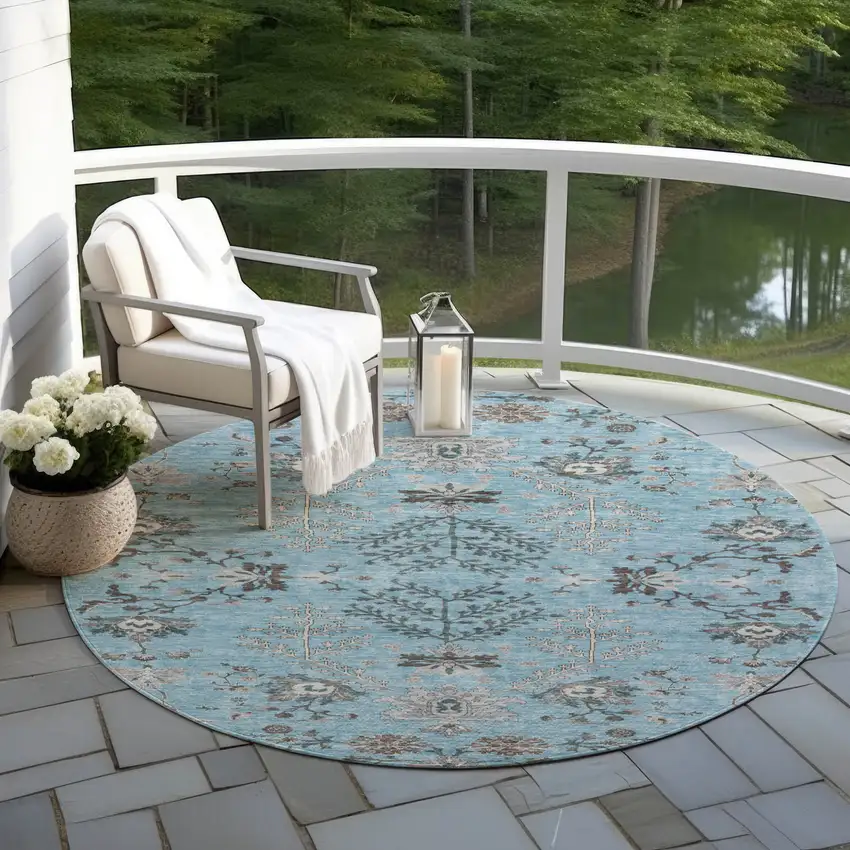 8' Sky Blue Gray And Charcoal Round Floral Washable Indoor Outdoor Area Rug Photo 7