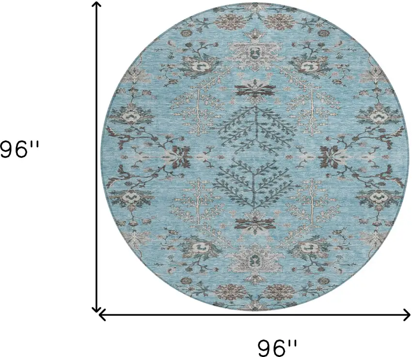 8' Sky Blue Gray And Charcoal Round Floral Washable Indoor Outdoor Area Rug Photo 3