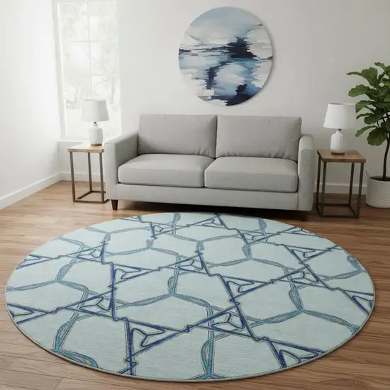 8' Sky Blue Gray And Denim Blue Geometric Washable Round Rug With UV Protection Photo 2