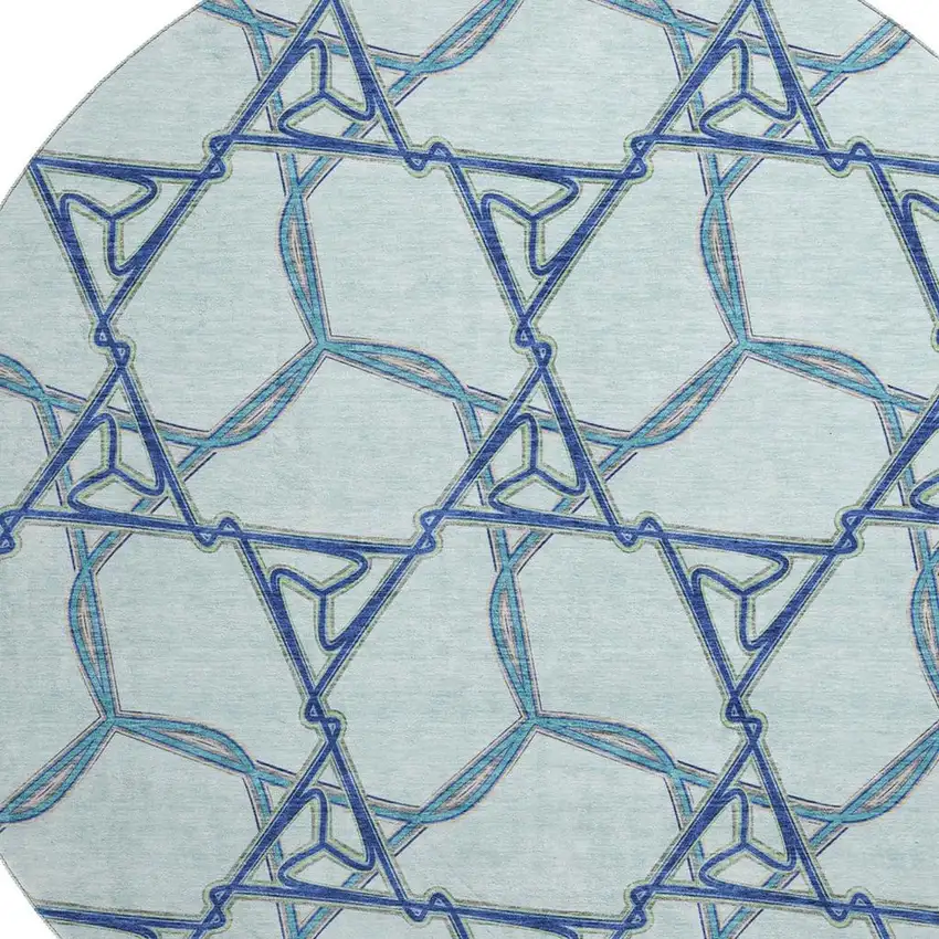 8' Sky Blue Gray And Denim Blue Geometric Washable Round Rug With UV Protection Photo 2