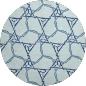 Photo of 8' Sky Blue Gray And Denim Blue Geometric Washable Round Rug With UV Protection