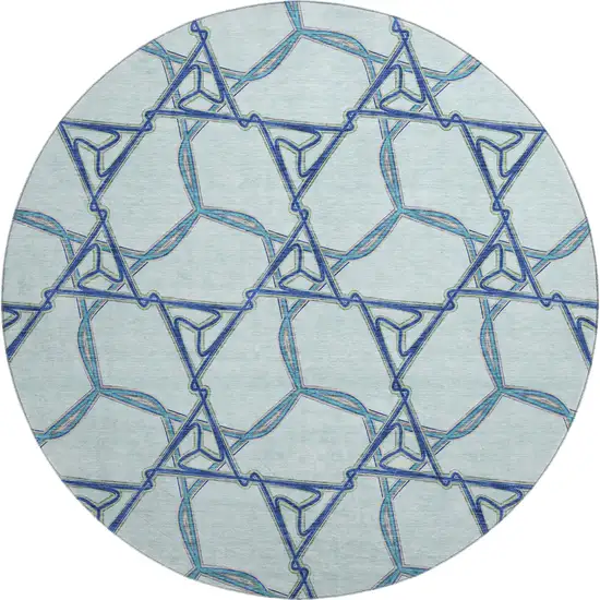 8' Sky Blue Gray And Denim Blue Geometric Washable Round Rug With UV Protection Photo 1