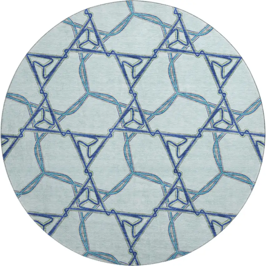 8' Sky Blue Gray And Denim Blue Geometric Washable Round Rug With UV Protection Photo 1