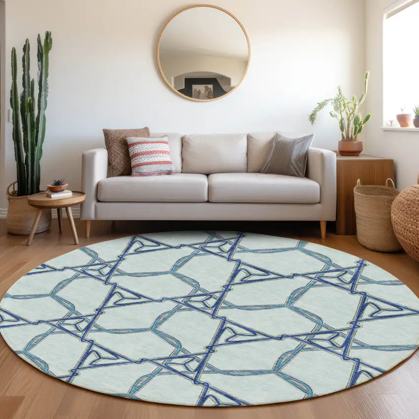 8' Sky Blue Gray And Denim Blue Geometric Washable Round Rug With UV Protection Photo 4