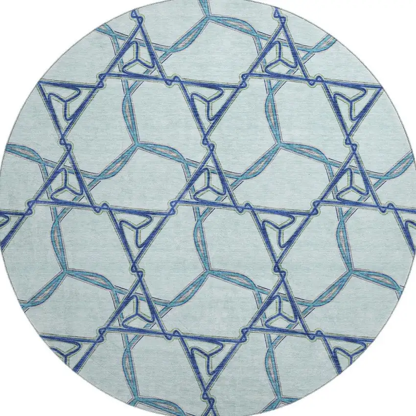 8' Sky Blue Gray And Denim Blue Geometric Washable Round Rug With UV Protection Photo 3