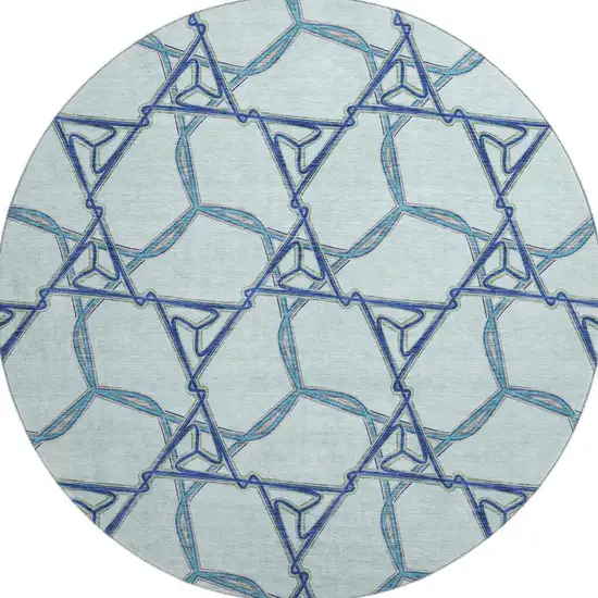 8' Sky Blue Gray And Denim Blue Geometric Washable Round Rug With UV Protection Photo 3