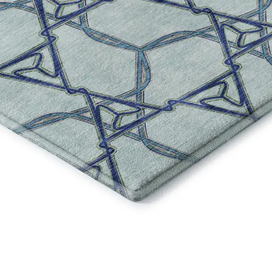 8' Sky Blue Gray And Denim Blue Geometric Washable Round Rug With UV Protection Photo 6