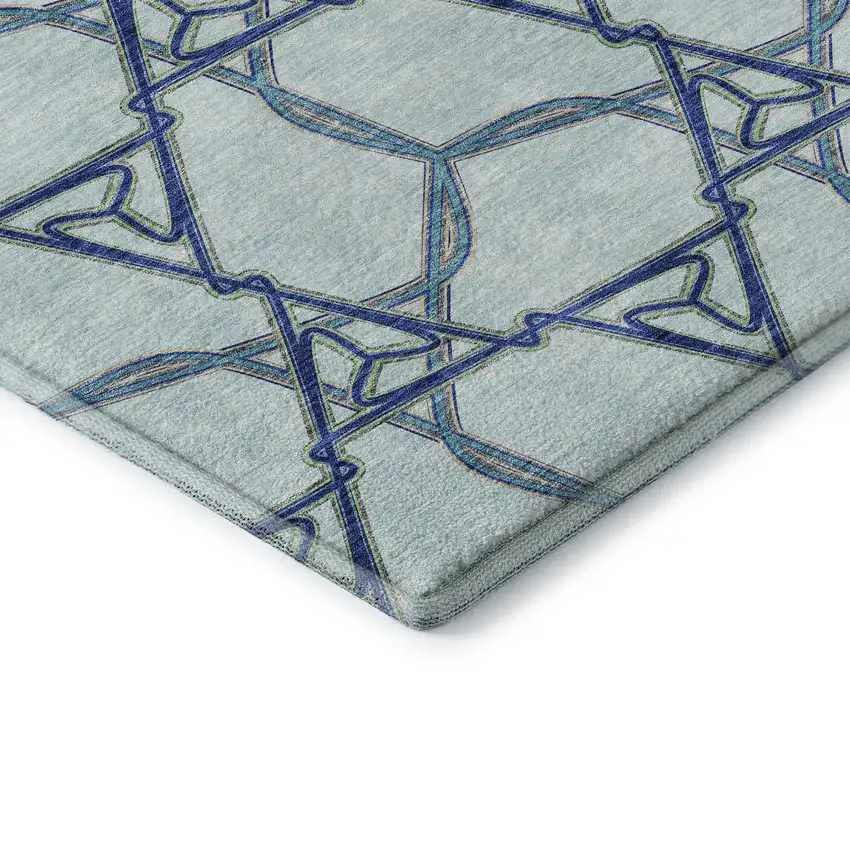 8' Sky Blue Gray And Denim Blue Geometric Washable Round Rug With UV Protection Photo 6