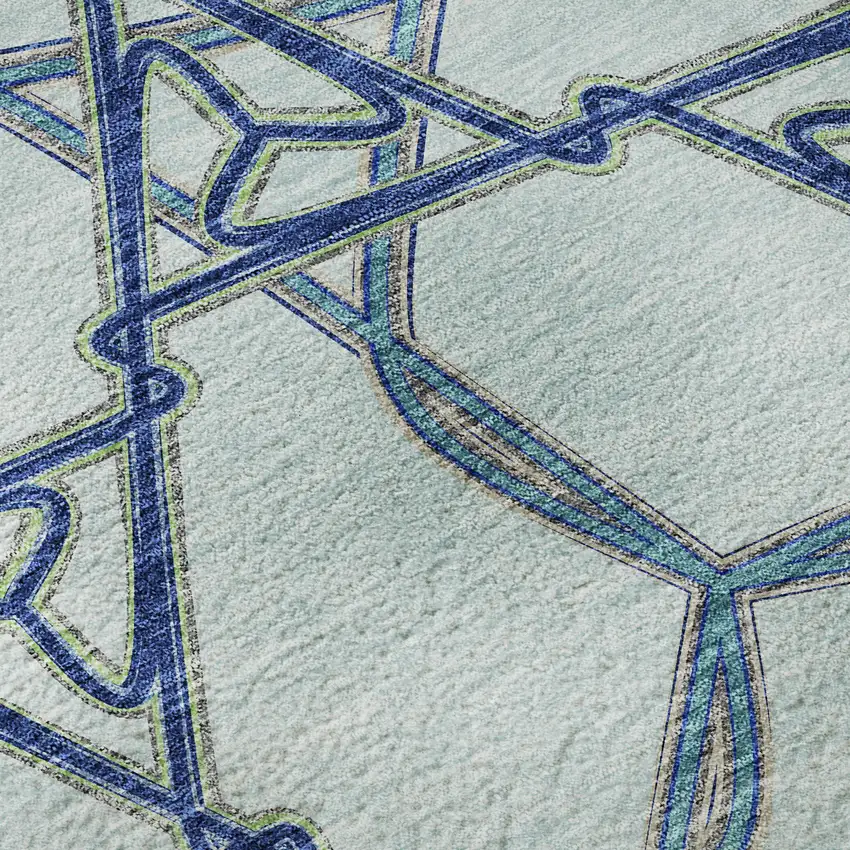 8' Sky Blue Gray And Denim Blue Geometric Washable Round Rug With UV Protection Photo 8