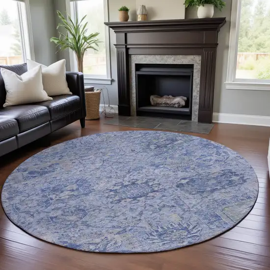 8' Sky Blue Gray And Ivory Damask Washable Round Rug With UV Protection Photo 4