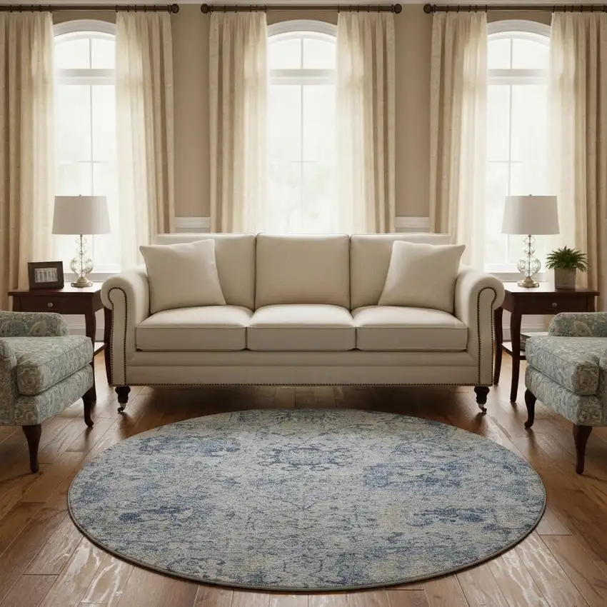 8' Sky Blue Gray And Ivory Damask Washable Round Rug With UV Protection Photo 2