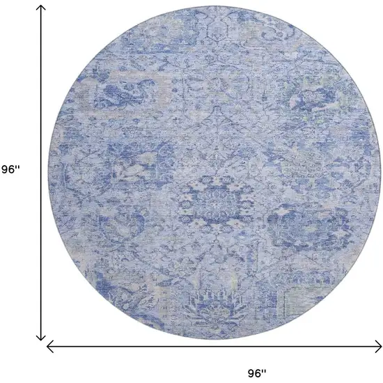 8' Sky Blue Gray And Ivory Damask Washable Round Rug With UV Protection Photo 9