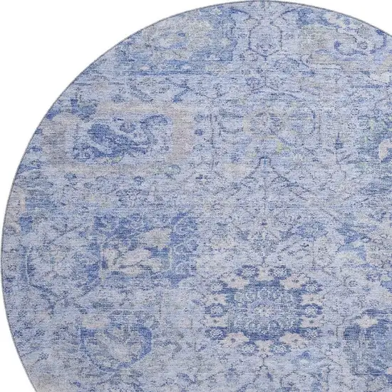 8' Sky Blue Gray And Ivory Damask Washable Round Rug With UV Protection Photo 3