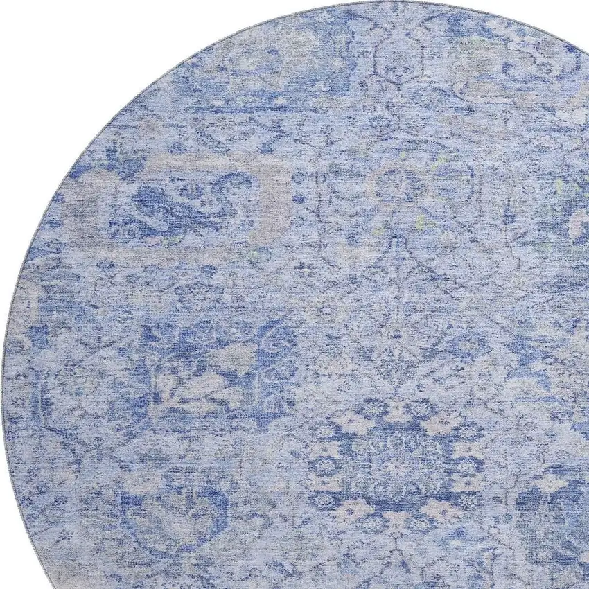 8' Sky Blue Gray And Ivory Damask Washable Round Rug With UV Protection Photo 3