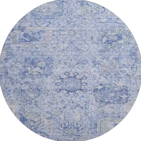 8' Sky Blue Gray And Ivory Damask Washable Round Rug With UV Protection Photo 3