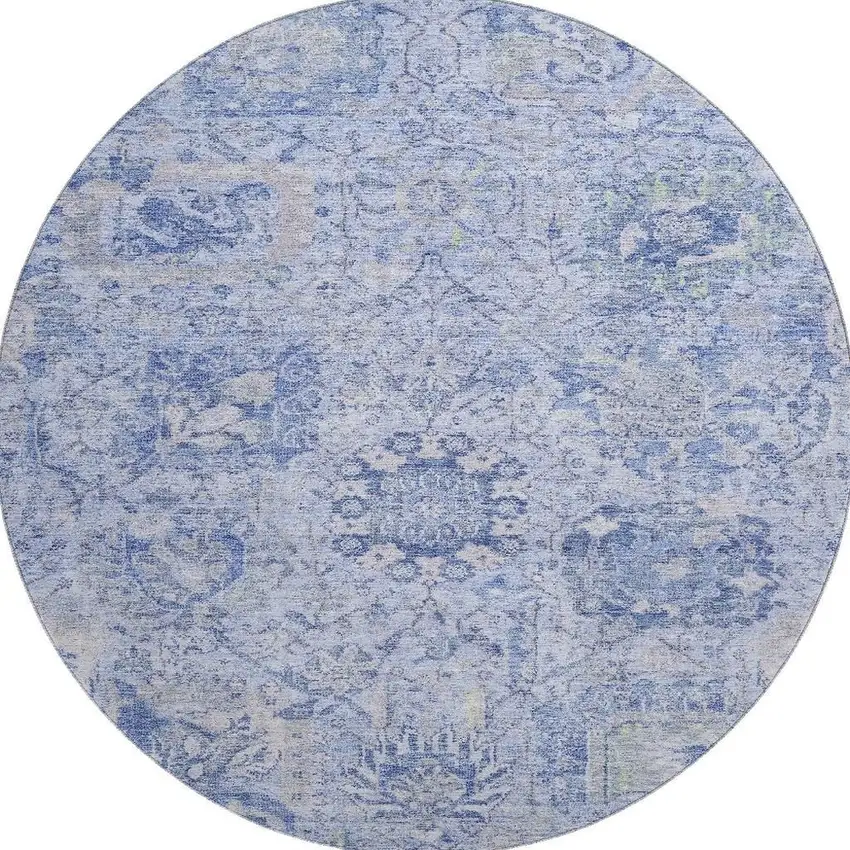 8' Sky Blue Gray And Ivory Damask Washable Round Rug With UV Protection Photo 3