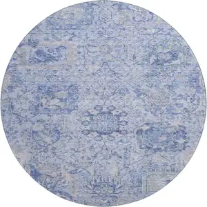 Photo of 8' Sky Blue Gray And Ivory Damask Washable Round Rug With UV Protection