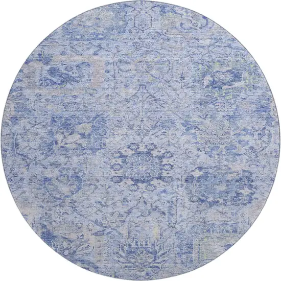 8' Sky Blue Gray And Ivory Damask Washable Round Rug With UV Protection Photo 1