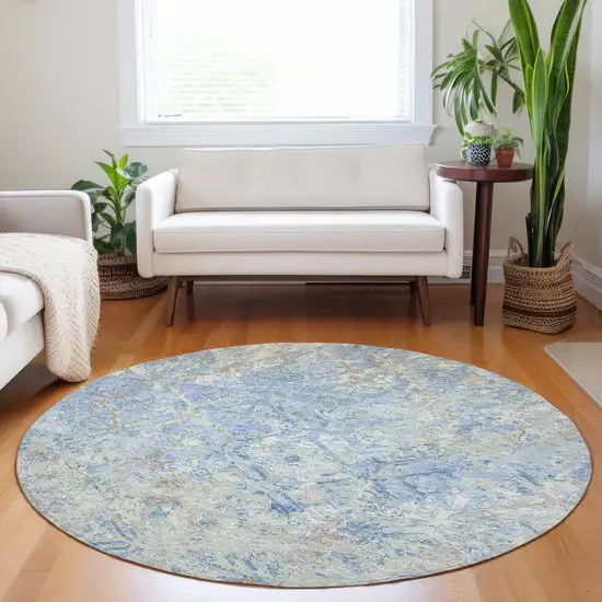 8' Sky Blue Gray And Ivory Diamond Washable Round Rug With UV Protection Photo 5