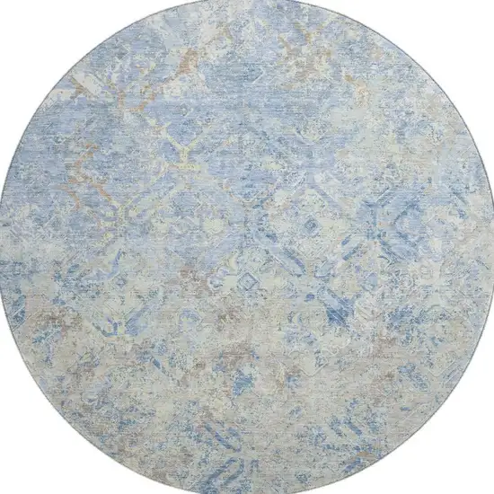 8' Sky Blue Gray And Ivory Diamond Washable Round Rug With UV Protection Photo 4