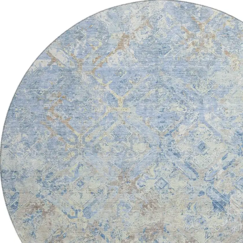 8' Sky Blue Gray And Ivory Diamond Washable Round Rug With UV Protection Photo 3