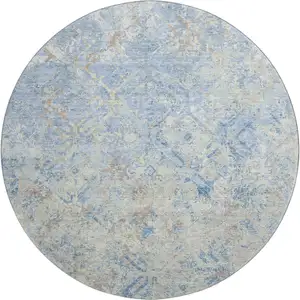 Photo of 8' Sky Blue Gray And Ivory Diamond Washable Round Rug With UV Protection