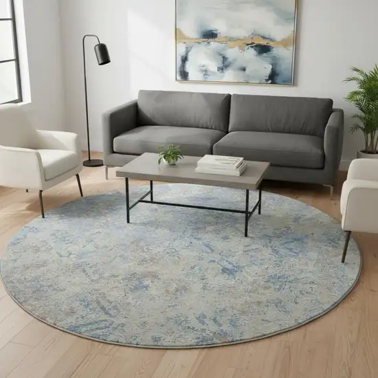 8' Sky Blue Gray And Ivory Diamond Washable Round Rug With UV Protection Photo 2