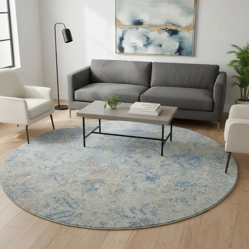 8' Sky Blue Gray And Ivory Diamond Washable Round Rug With UV Protection Photo 2