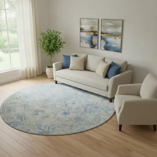 8' Sky Blue Gray And Ivory Diamond Washable Round Rug With UV Protection Photo 1