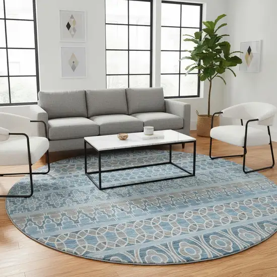 8' Sky Blue Gray And Ivory Ikat Washable Round Rug With UV Protection Photo 2